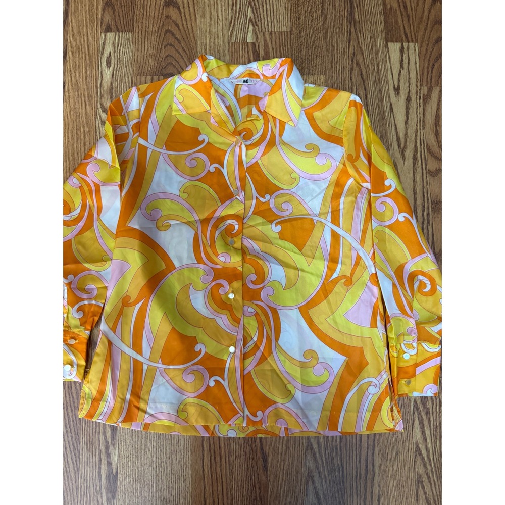 Vintage 70s Psychedelic Satin Blouse Orange Pink Swirl Mod Made Japan 36